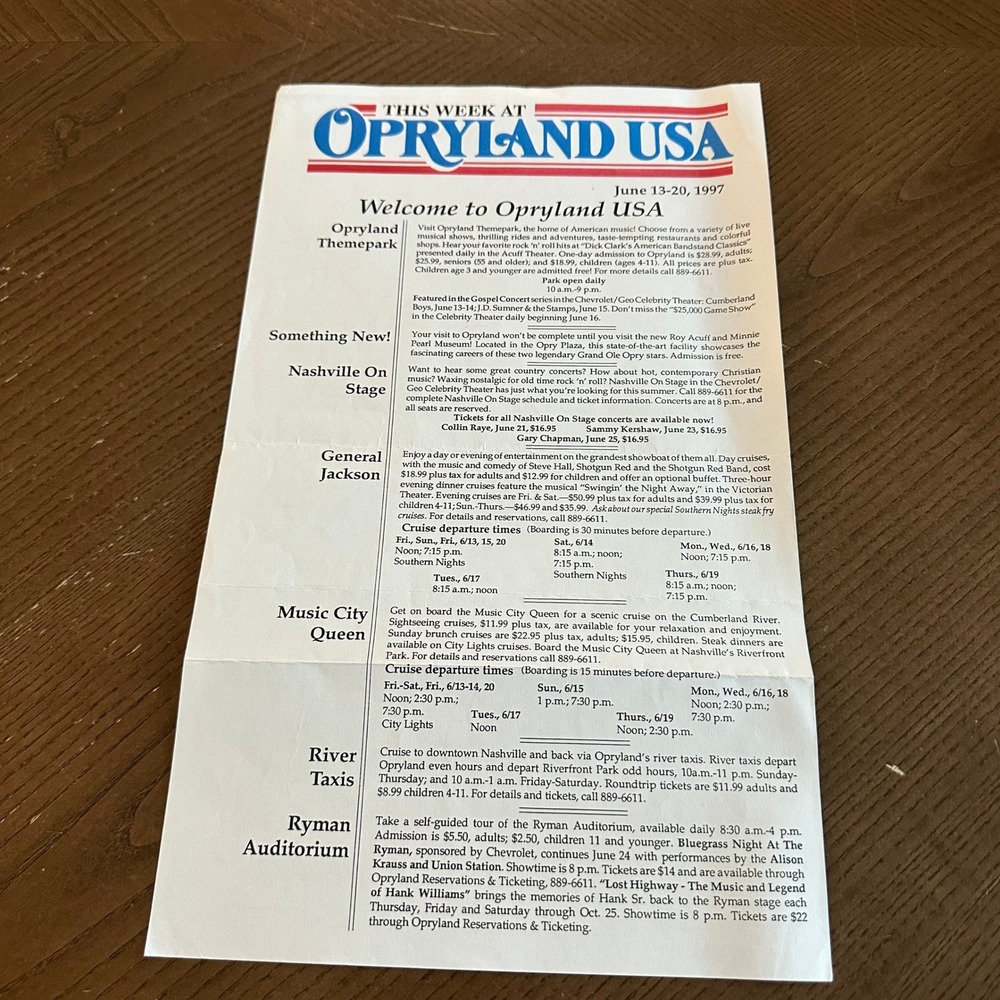 Vintage 1997 Opryland USA‎ Weekly Schedule Flyer Nashville Theme Park Ephemera